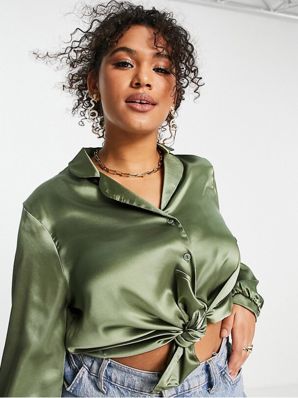 Velvet Heart Olive Green Satin Button Tie Blouse
